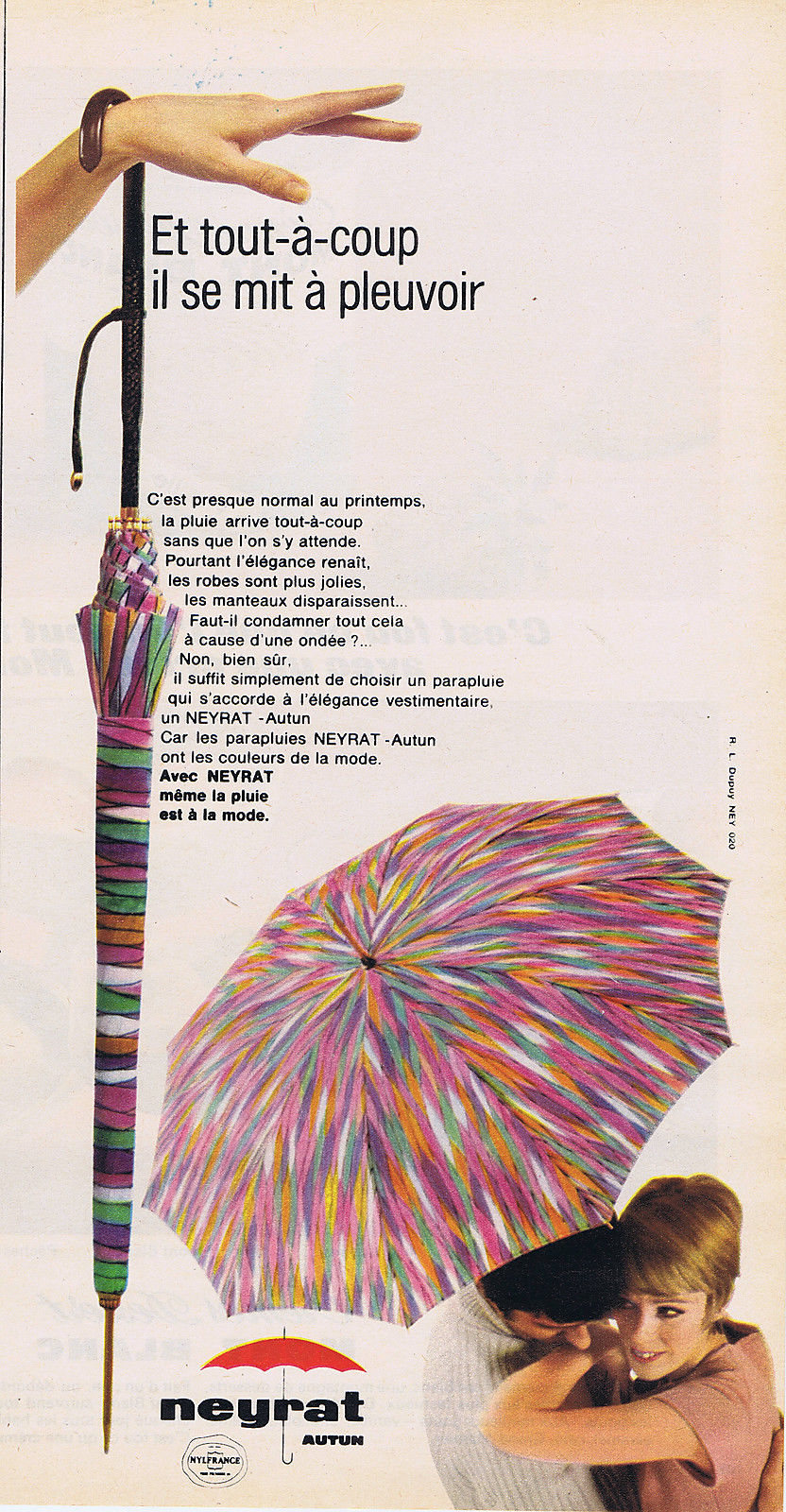 Publicité historique NEYRAT avec parapluie multicolore